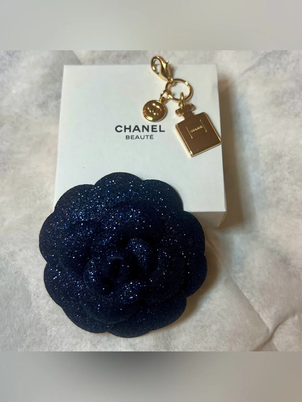 CHANEL Novelty Holiday 2025 Navy Sparkle Camellia Flower Pin